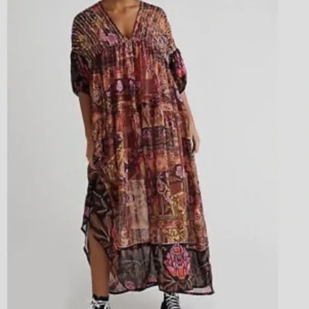 Free People Too Much To Dream Brown Pink Floral Tiered Beads Maxi NWT Size XS